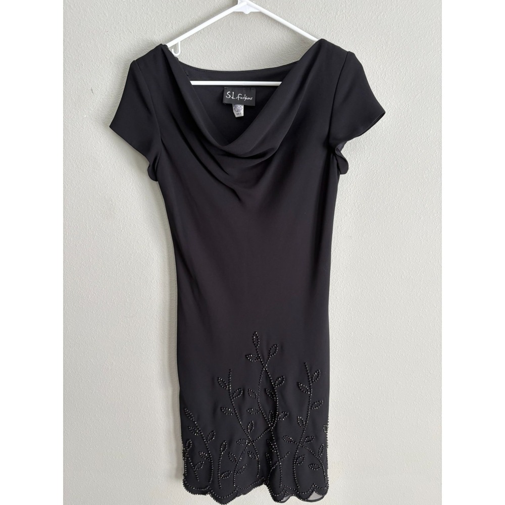 S.L. Fashions Black Flutter Sleeve Sequin Beaded Dress Sz 6 Made in US‎